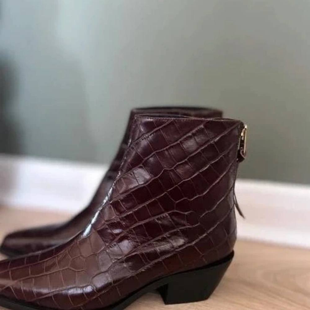 All Saints Crocodile-Embossed Ankle Boots in Deep Brown